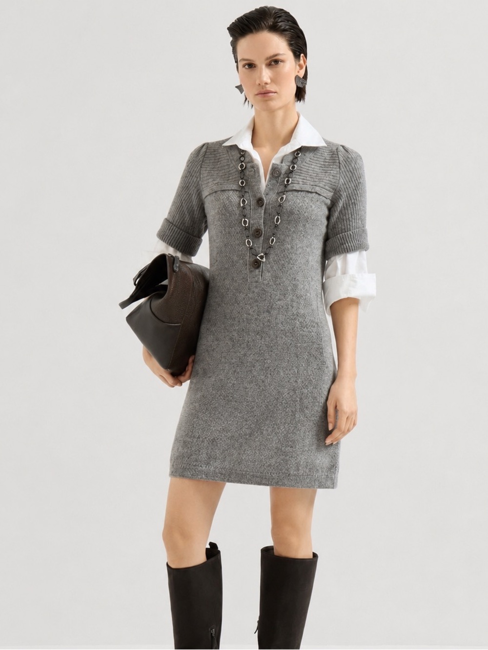 See by Chloé Gray Cashmere Blend Short Sleeve Button Knit Sweater Dress Size 4